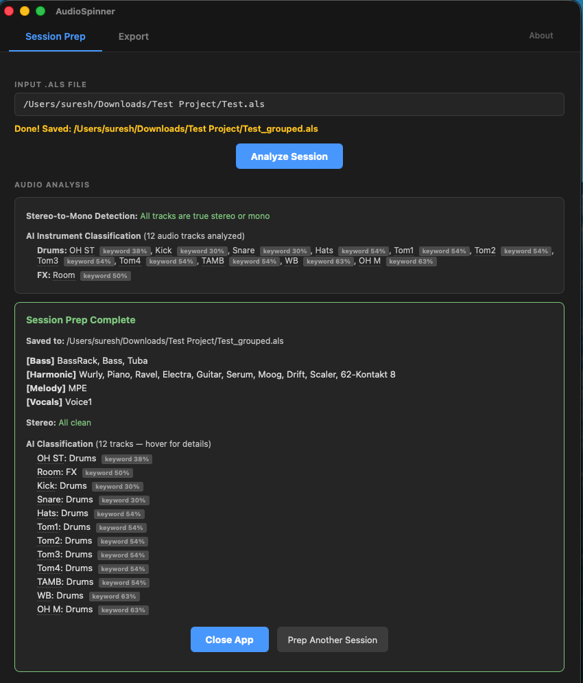 AudioSpinner Session Results